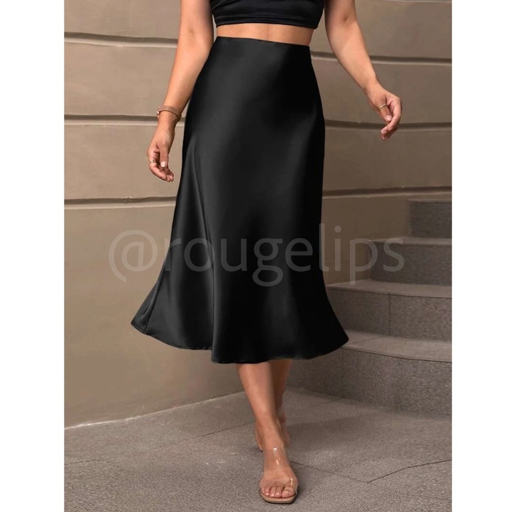 Black Satin A-Line Skirt High Waisted Midi